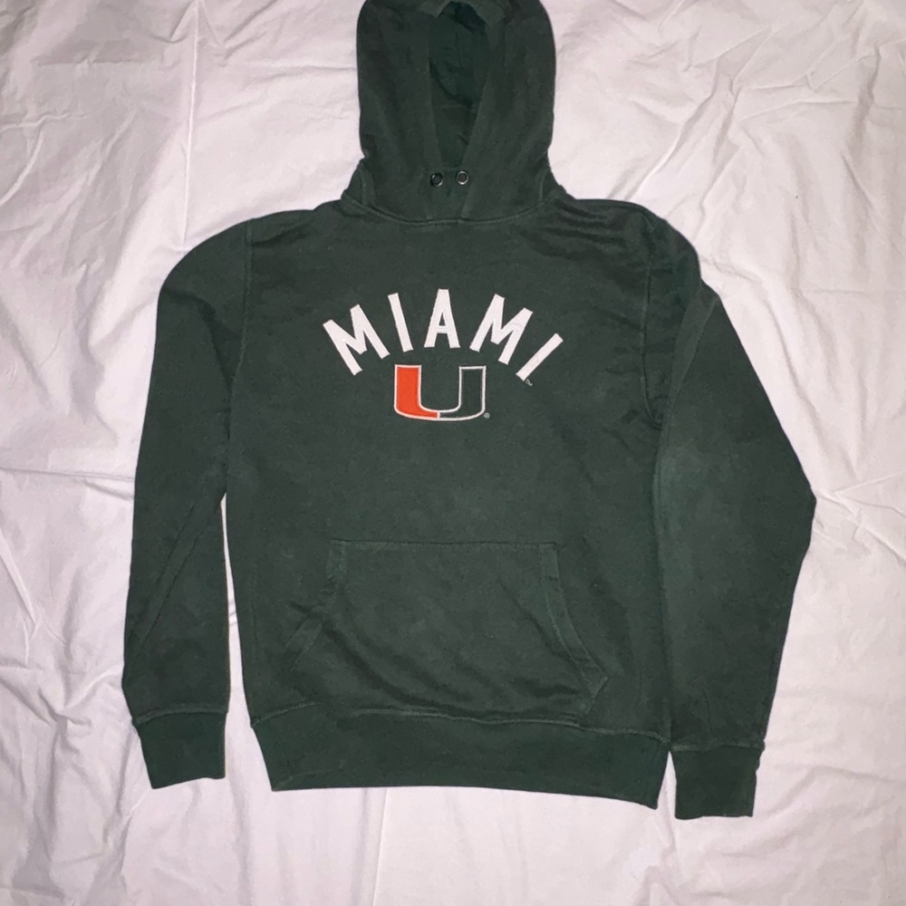 University of Miami green hoodie with embroidered UMIAMI logo on the chest.